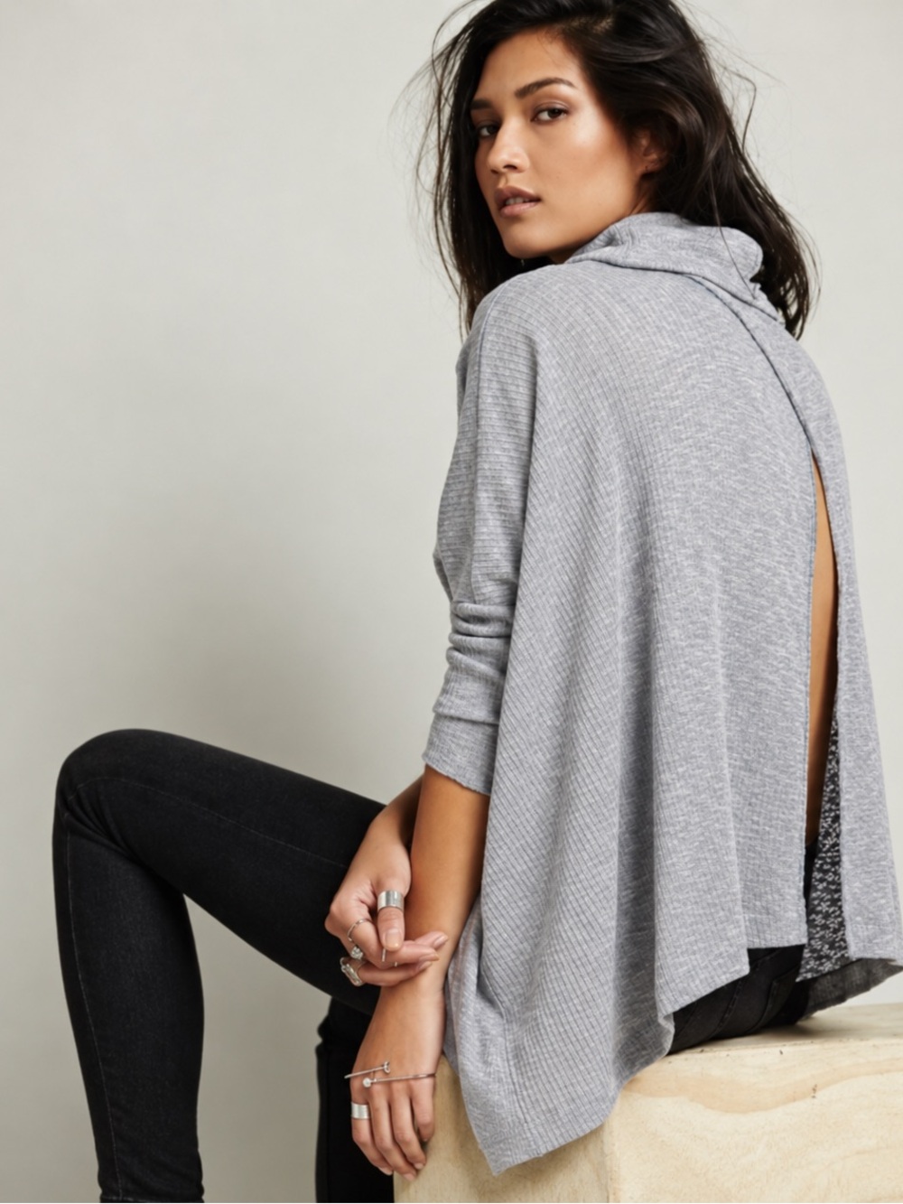 Free People We The Free Split Back Turtleneck Tunic Top Gray Small Oversized